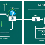 SMTP Configuration Illustration**

A clean, modern illustration depicting the flow of an email through an SMTP server. Show the email passing through various stages: "Sender," "SMTP Server," "Encryption (TLS/SSL)," "Authentication," and "Recipient." Use clear icons and labels. Background: A stylized network of interconnected nodes. Colors: Professional blues, greens, and grays. Style: Flat vector illustration. Keywords: safe for work, appropriate content, professional, technical illustration, fully clothed.

**
