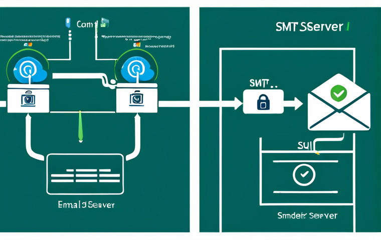 SMTP Configuration Illustration**

A clean, modern illustration depicting the flow of an email through an SMTP server. Show the email passing through various stages: "Sender," "SMTP Server," "Encryption (TLS/SSL)," "Authentication," and "Recipient." Use clear icons and labels. Background: A stylized network of interconnected nodes. Colors: Professional blues, greens, and grays. Style: Flat vector illustration. Keywords: safe for work, appropriate content, professional, technical illustration, fully clothed.

**